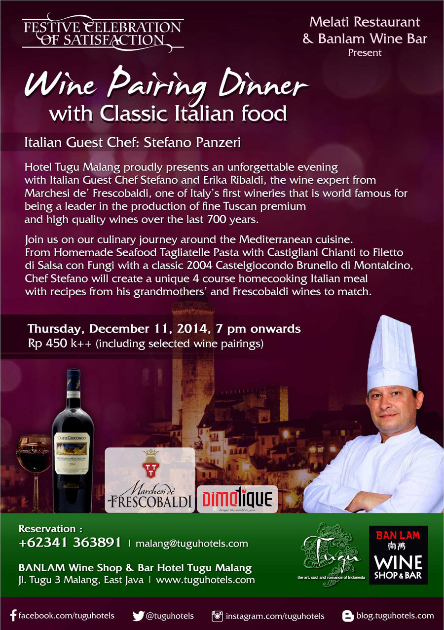 festive celebration of satisfaction - wine pairing dinner with classic italian food (italian guest chef: stefano panzeri)
