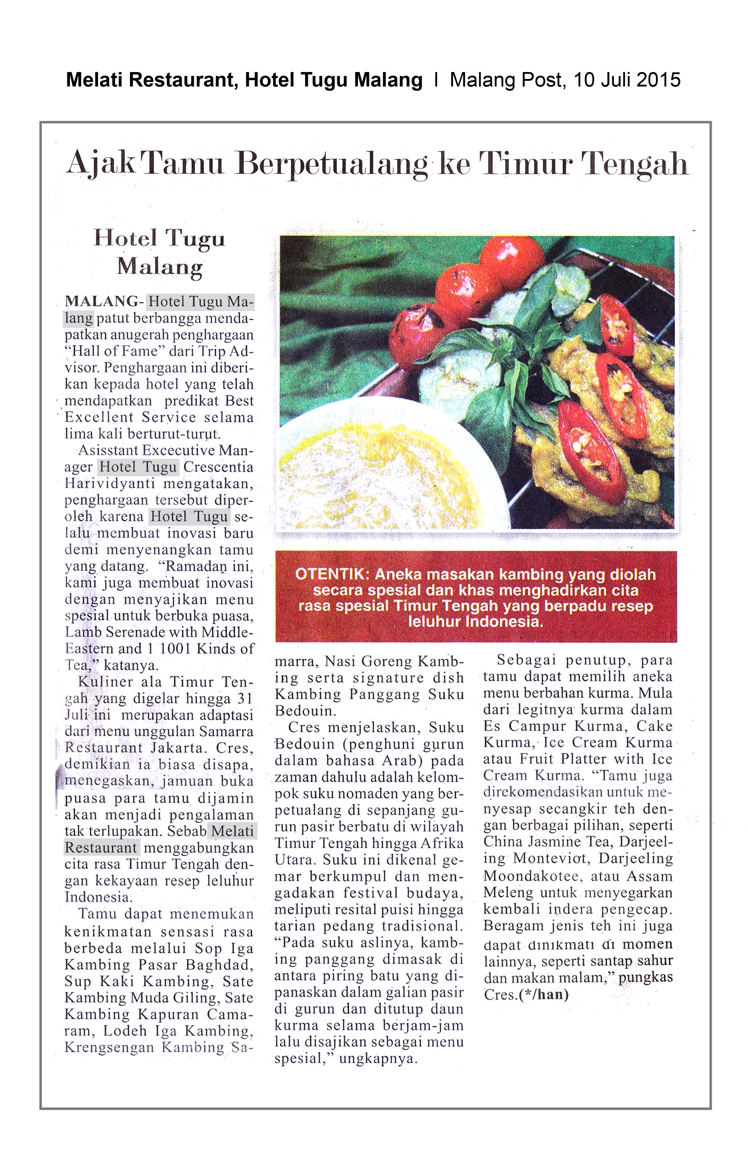 Ajak Tamu Berpetualang ke Timur Tengah di Hotel Tugu Malang - Malang Post 10 July 2015